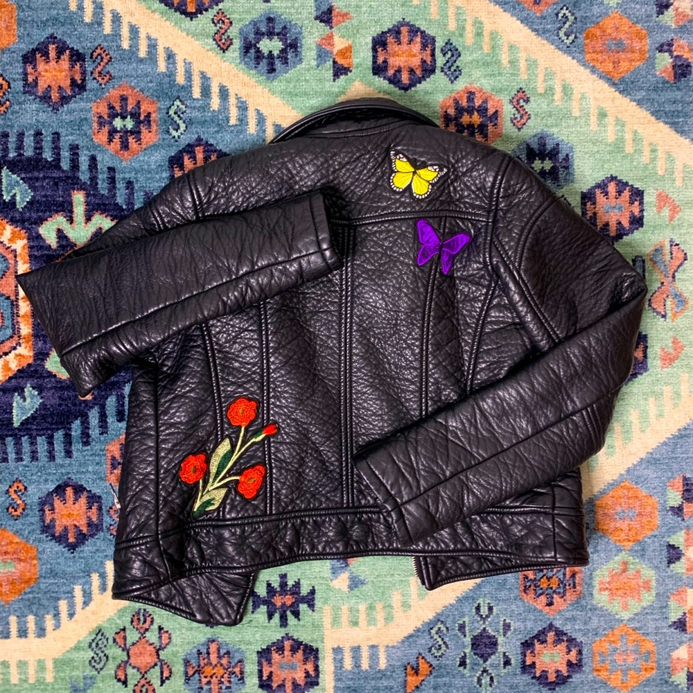 [BLANKNYC] Leather Moto Jacket with fun patches. Black, Girl’s Large - Kids size